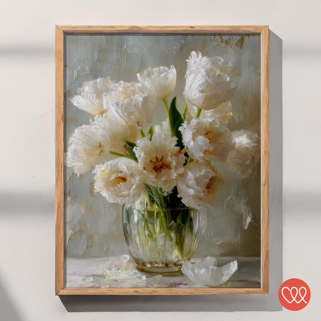 White Tulip Wall Art – Elegant Neutral Floral Painting for Minimalist ...