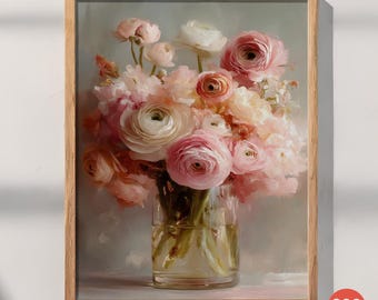 Kwiat jaskra – obraz olejny z motywem kwiatów w kolorze różu na ścianie (do pobrania w wersji cyfrowej)