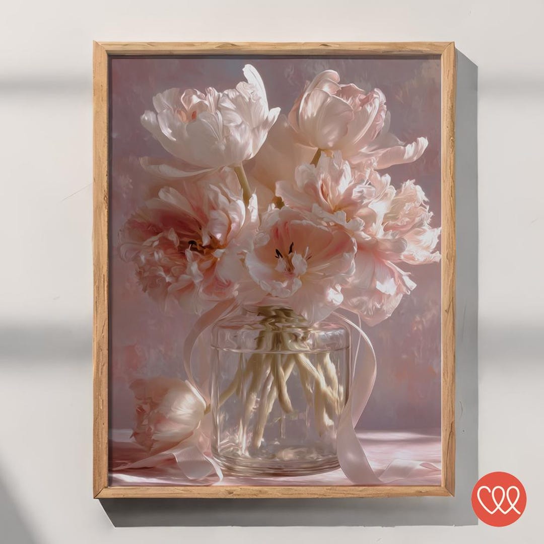 Pink Peony & Tulip Ribbon Vase Wall Art – Romantic Pastel Floral Print ...