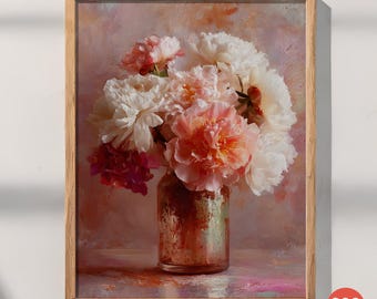 Coral Peony Wall Art Print, Soft Romantic Floral Vase Painting, Elegant Warm Home Decor