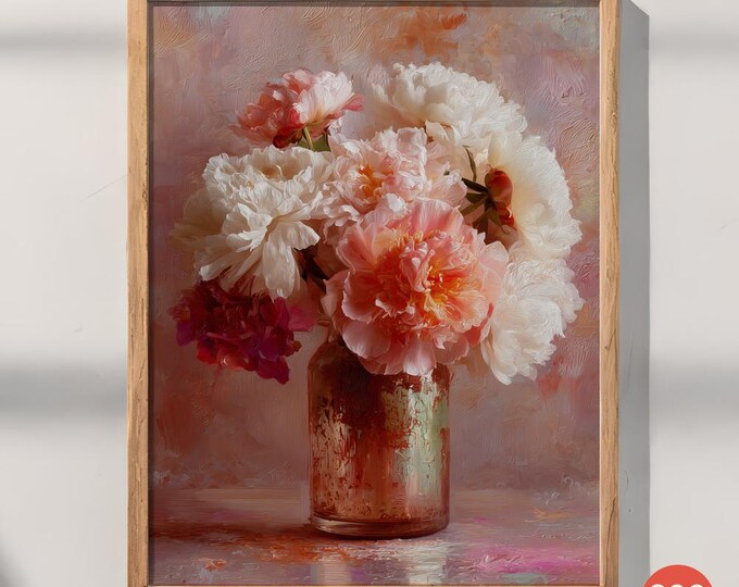 Peony Flower Set 4 Peonies Soft Peach Grey Light Pastel Print Wall Art ...