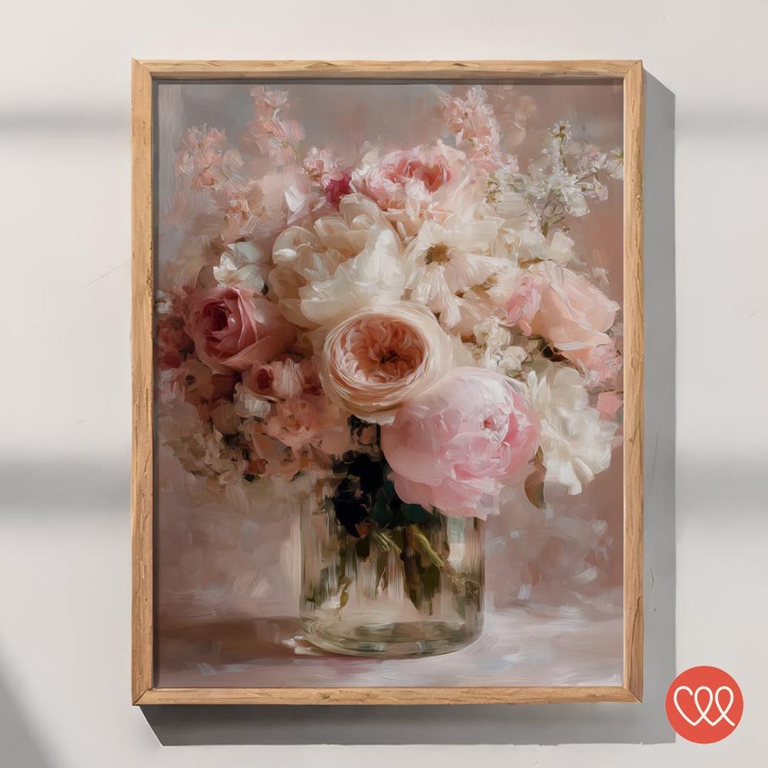 Soft Garden Rose Bouquet Wall Art – Blush & Ivory Floral Painting ...