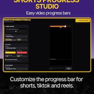 Puede incluir: Interfaz digital para Shorts Progress Studio, con fondo negro y texto amarillo y blanco. La interfaz permite la personalización de barras de progreso de video para shorts, TikTok y reels. El texto incluye "Easy video progress bars."