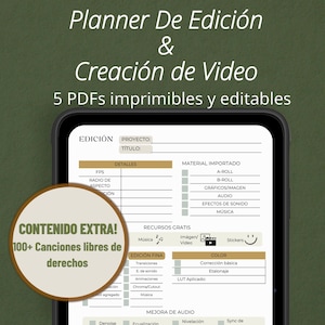 Puede incluir: Un planificador digital para edición y creación de video, mostrado en una tableta. La pantalla muestra un diseño detallado con secciones para detalles del proyecto, materiales importados y mejoras de audio. Incluye recursos gratuitos y más de 100 canciones libres de derechos.