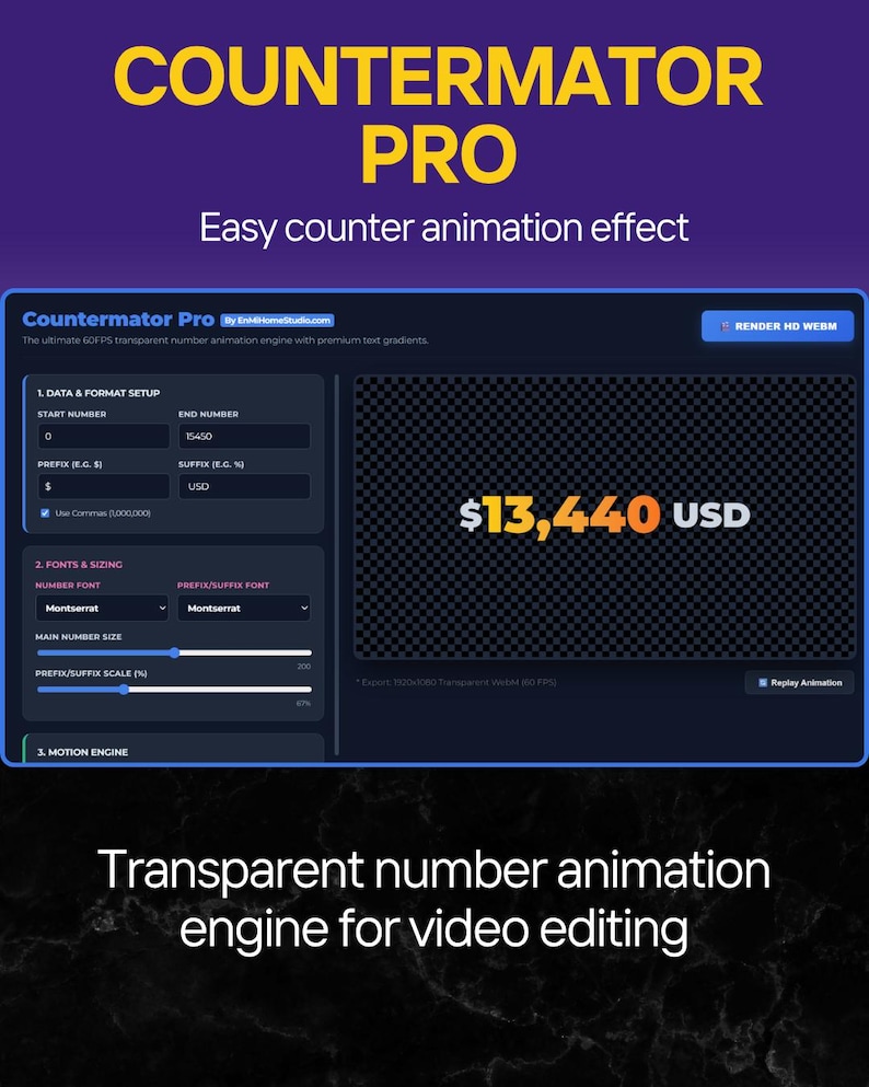 Animated Number Counter Generator | Transparent WebM HTML Overlays | CapCut, Premiere, DaVinci Resolve, Filmora image 1