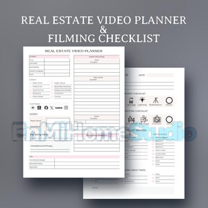 Puede incluir: Un planificador de vídeo inmobiliario y una lista de verificación de filmación en blanco y rosa. El planificador incluye secciones para información general, formato, audio y plataformas. La lista de verificación incluye secciones para equipos, rodaje y espacios privados.