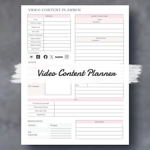 Puede incluir: Un planificador de contenido de video blanco con detalles en rosa y texto. El planificador incluye secciones para información general, estructura de guion, audio y recursos. El título "Video Content Planner" se muestra.