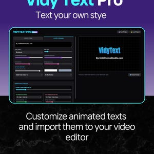 Puede incluir: Interfaz digital del software "Vidy Text Pro", con un tema oscuro y opciones de personalización de texto. La interfaz incluye herramientas de edición de texto, ajustes de animación y una ventana de vista previa. El software permite personalizar textos animados.