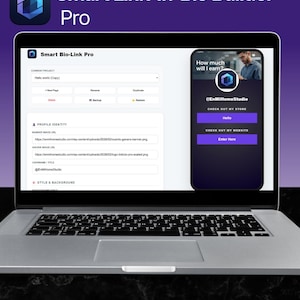 May include: A laptop displays a "Smart Link-In-Bio Builder Pro" interface. The screen shows a bio-link setup with options for a new page, profile identity, and style. A smartphone on the right shows a bio-link preview with a call to action.