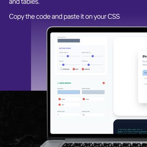 May include: A laptop screen showing a software interface for customising text, buttons, and tables. The interface includes a button studio and tables module with adjustable settings. The text "Copy the code and paste it on your CSS" is visible.