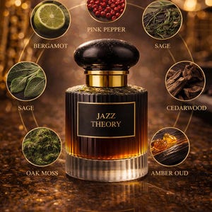 Fragancia masculina artesanal 'Jazz Theory' con bergamota, pachulí, salvia, musgo de roble y aroma natural.