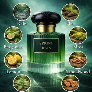 May include: A green perfume bottle with a black cap and gold detailing, labelled "SPRING RAIN." The image includes illustrations of ingredients: rain, bergamot, lemon, sage, pine, moss, sandalwood, and cedarwood.