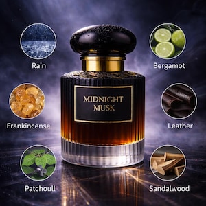 Handmade Mens fragrance 'Midnight Musk' with Rain, Myrrh, Sandalwood, Custom Scent