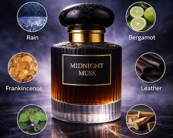 Spray di colonia da uomo artigianale "Midnight Musk" con note di pioggia, mirra e sandalo, fragranza personalizzata.