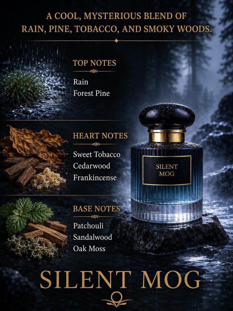 May include: A perfume bottle with the text "SILENT MOG" on a dark background. The bottle is blue and black with gold accents. The image lists the top, heart, and base notes of the fragrance, including rain, pine, tobacco, and smoky woods.