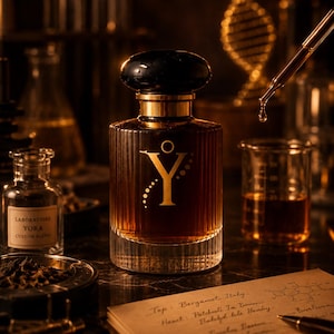 Könnte beinhalten: Ein brauner Parfümflakon mit schwarzem Deckel und goldenen Akzenten, verziert mit einem goldenen "Y". Im Bild sind eine kleine Flasche mit der Aufschrift "LABORATOIRE YORA CUSTOM BLEND" und ein Notizbuch mit handschriftlichen Notizen zu sehen. Eine Pipette tropft Flüssigkeit in einen Becher.