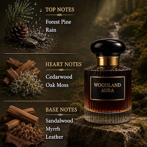 Peut inclure: Un flacon de parfum brun fonc&eacute; avec un bouchon noir et des accents dor&eacute;s, intitul&eacute; "WOODLAND AURA". L'image met en &eacute;vidence les notes du parfum : pin des for&ecirc;ts, pluie, bois de c&egrave;dre, mousse de ch&ecirc;ne, bois de santal, myrrhe et cuir. Le th&egrave;me g&eacute;n&eacute;ral est un parfum bois&eacute; et terreux.