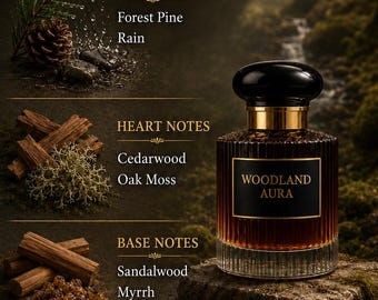Handgjord herrdoft 'Woodland Aura' med skogstall, myrra, cederträ, ekmossa, naturlig doft