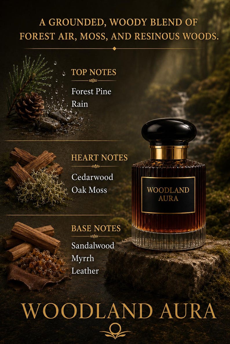 Peut inclure: Un flacon de parfum brun fonc&eacute; avec un bouchon noir et des accents dor&eacute;s, intitul&eacute; "WOODLAND AURA". L'image met en &eacute;vidence les notes du parfum : pin des for&ecirc;ts, pluie, bois de c&egrave;dre, mousse de ch&ecirc;ne, bois de santal, myrrhe et cuir. Le th&egrave;me g&eacute;n&eacute;ral est un parfum bois&eacute; et terreux.