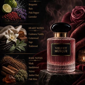 Könnte beinhalten: Ein Glasparfümflakon mit der Aufschrift Velvet Musque, schwarzem Verschluss, geripptem Design und rosa Flüssigkeit. Der Text listet Kopfnoten aus Bergamotte, Regen, rosa Pfeffer, Lavendel; Herznoten aus Kaschmir-Vanille, Zedernholz, Salbei, Teakholz; und Basisnoten aus Moschus, Sandelholz, Vetiver, Amber-Oud, Eichenmoos.