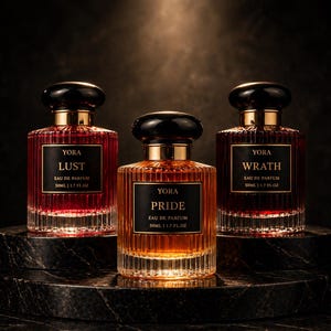 May include: Three perfume bottles with black caps and gold accents are displayed on a dark marble stand. The bottles are labeled "Lust," "Pride," and "Wrath." Each bottle contains 50ml | 1.7 fl oz of Eau de Parfum.