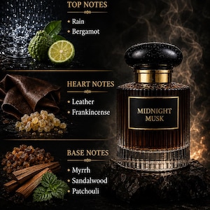 Könnte beinhalten: Ein Parfümflakon "Midnight Musk" mit schwarzem Verschluss und braunem Glaskörper. Das Bild enthält Inhaltsstoffe wie Regen, Bergamotte, Leder und Sandelholz. Der Text lautet "Eine dunkle, rauchige Mischung aus Leder, Harz und Hölzern."