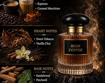 Ręcznie robiona męska woda kolońska „Irish Coffee” z espresso, mirrą, drewnem tekowym i naturalnym zapachem