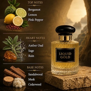 Könnte beinhalten: Ein goldfarbener Parfümflakon mit schwarzem Verschluss, beschriftet mit "LIQUID GOLD", steht auf einem Stein. Das Bild zeigt Zitrusfrüchte, Gewürze und Holz, mit Text, der die Noten des Duftes beschreibt: Bergamotte, Zitrone, rosa Pfeffer, Amber Oud, Salbei, Regen, Sandelholz, Moschus und Zedernholz.
