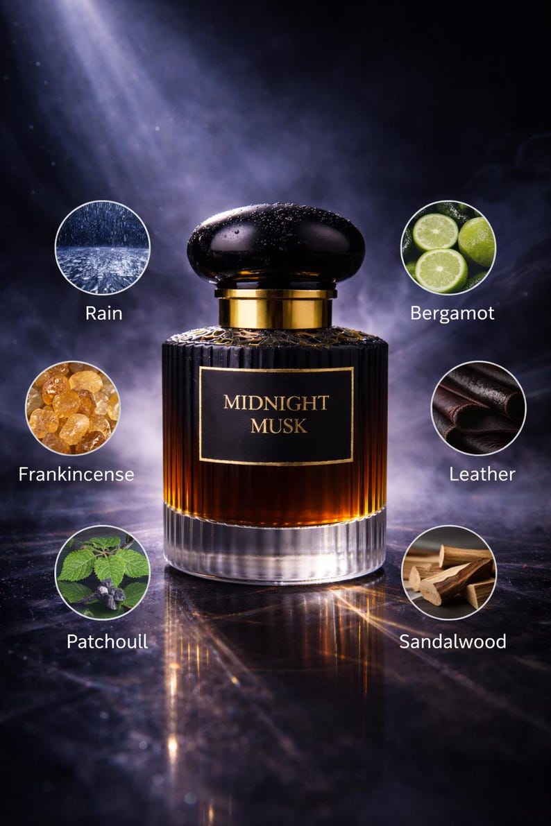 Ręcznie robiony męski zapach „Midnight Musk” z deszczem, mirrą, drzewem sandałowym, zapach na zamówienie zdjęcie 1
