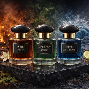 Könnte beinhalten: Drei Parfümflakons mit schwarzen Kappen und goldenen Akzenten werden auf einer dunklen Steinoberfläche präsentiert. Die Flakons sind mit "Ember Noir", "Verdant Code" und "Deep Current" beschriftet. Der Hintergrund zeigt Feuer-, Blatt- und Wasserelemente.