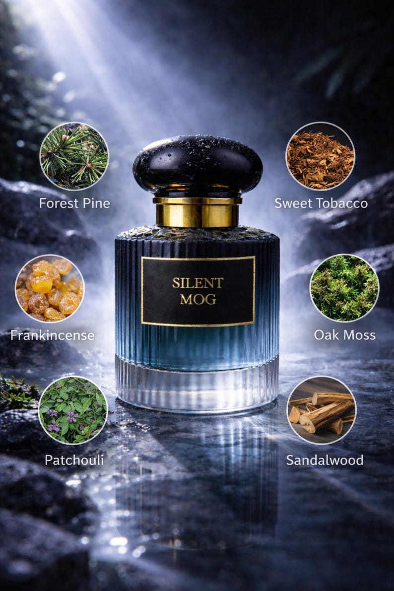 May include: A dark blue perfume bottle with a black cap and gold accents. The bottle is labeled "SILENT MOG". Surrounding the bottle are images of ingredients: forest pine, sweet tobacco, frankincense, oak moss, patchouli, and sandalwood.