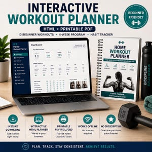 May include: An interactive workout planner displayed on a laptop screen and a spiral-bound physical book. The digital dashboard shows weekly schedules and habit trackers. A black 10 lb dumbbell and a water bottle are placed next to the laptop.