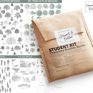 Puede incluir: Un paquete de papel marrón con la etiqueta "STUDENT KIT Photoshop Brushes Bundle" y el texto "Present it Better". El paquete incluye ilustraciones de árboles, personas, nubes y pájaros. El paquete está listo para usar.