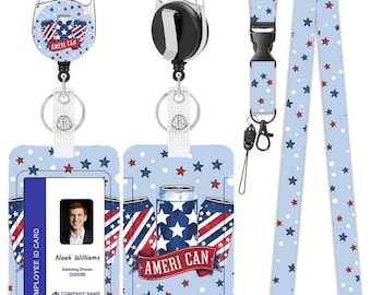 Patriottische Amerikaanse onafhankelijkheidsdag verjaardag ID-houderset, badgehouder met schuifsluiting, transparante kaarthouder, lanyard-add-on
