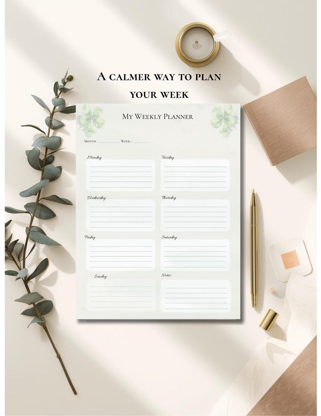Minimalist Weekly Planner Printable | Botanical PDF (A5, US Letter, A4 ...