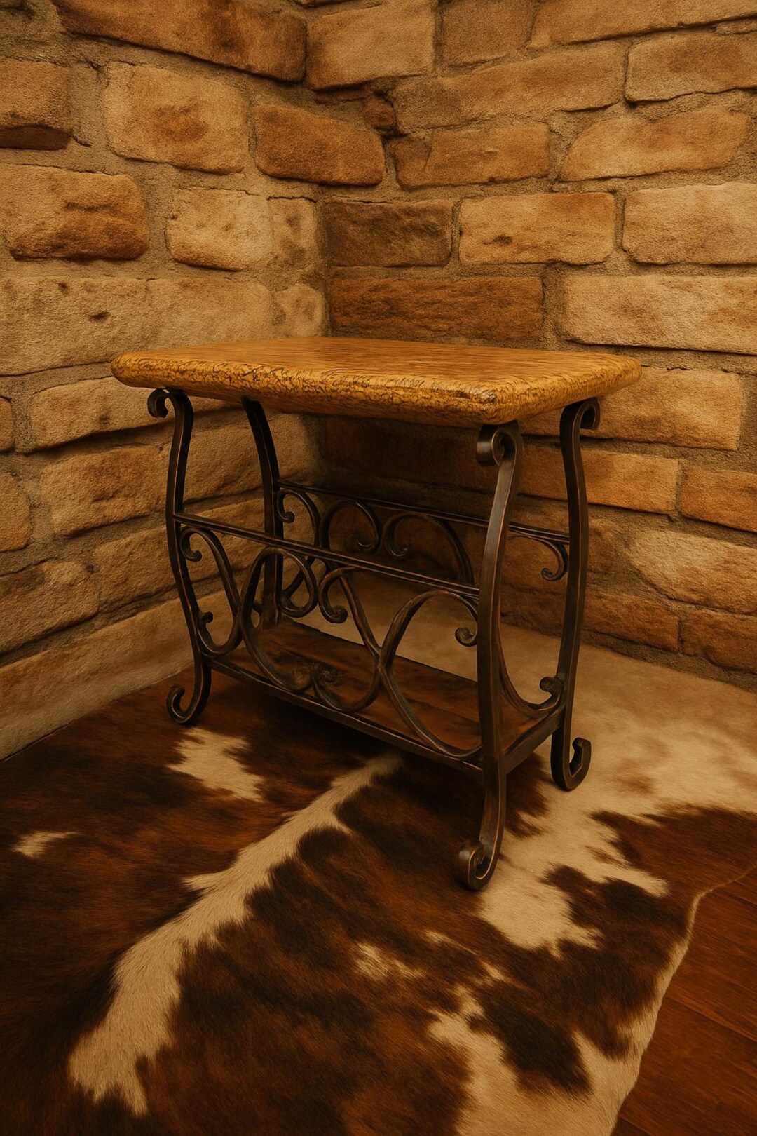 Rustic Iron Side Table Travertine Side Table With Hand-forged Iron Magazine Rack | Rustic ...