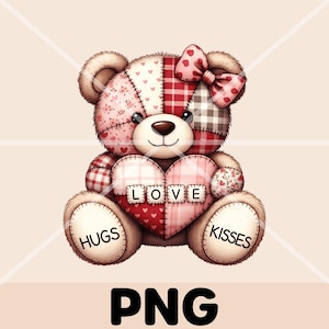 Pode incluir: Ilustração de um urso de pelúcia de patchwork segurando um coração. O urso tem um laço rosa e um coração com a palavra "LOVE". As patas do urso dizem "HUGS" e "KISSES". A palavra "PNG" está na parte inferior.