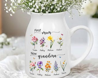Custom First Mom Now Grandma Ceramic Flower Vase, Birth Month Flower Vase, Grandmas Garden Vase, Birthday Gift for Mom Nana Mothers Day Gift