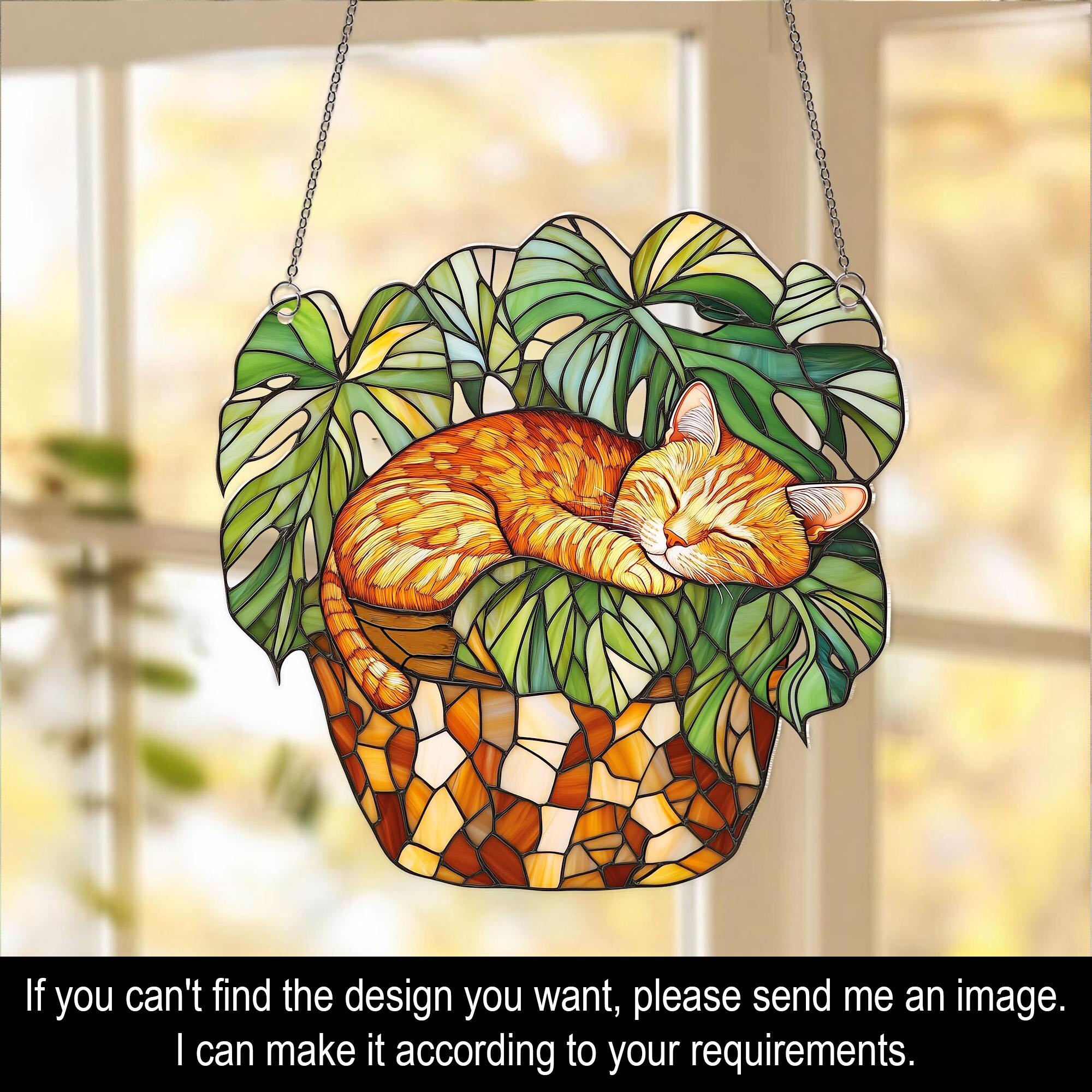 Floral Cat Faux Stained Glass Suncatcher, Black Cat Acrylic Window ...