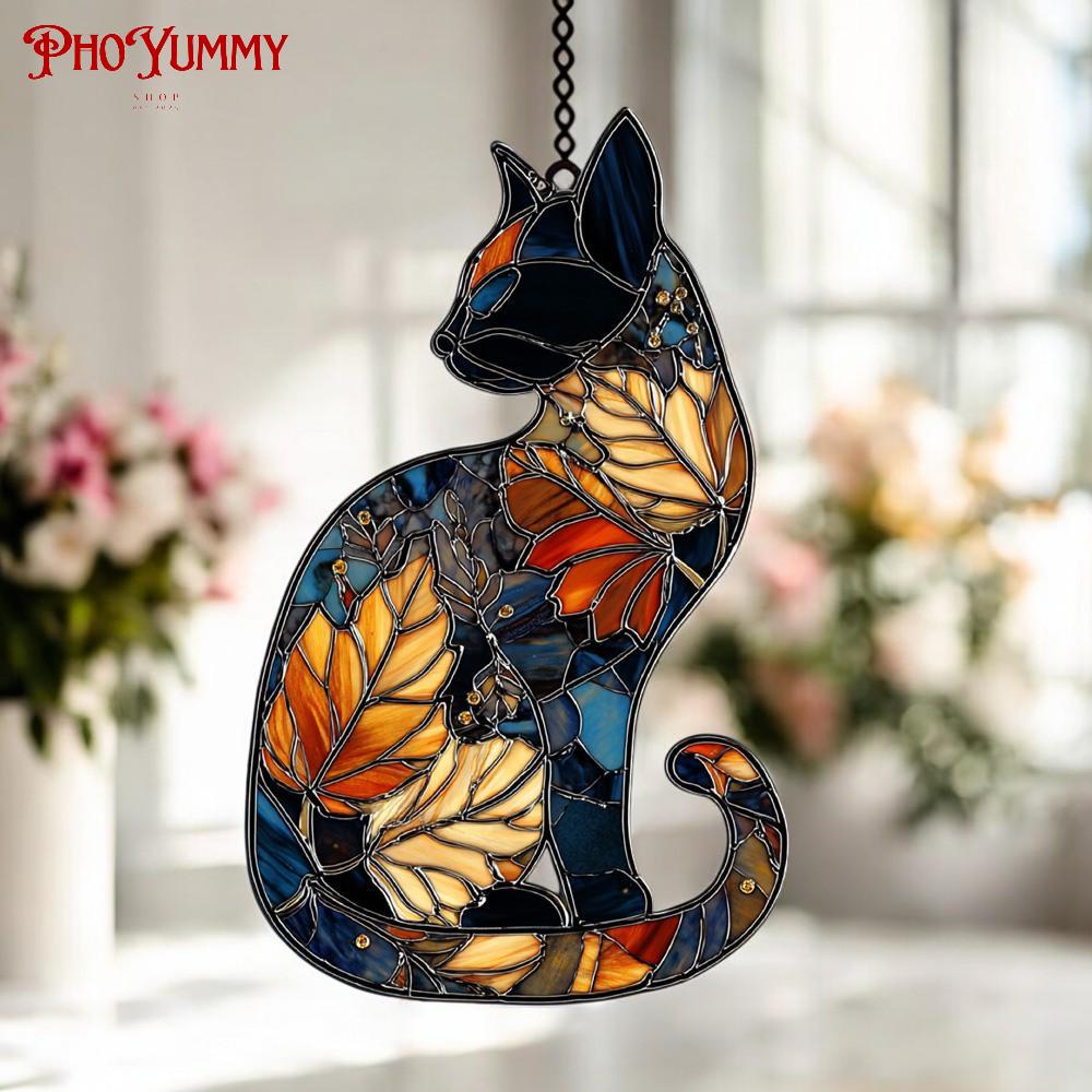 Floral Cat Faux Stained Glass Suncatcher, Black Cat Acrylic Window ...