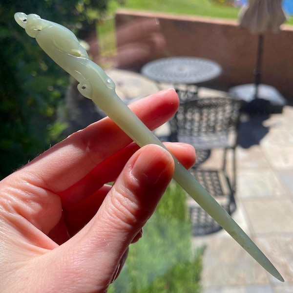Certified Nephrite Jade Hair Stick,  Translucent Celadon Green Pheonix, Hand Carved Qing Shui, QH He Tian Yu Hairpin- Fenghuang