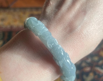 Certified Type A 53.8mm Carved Blue Jade Bangle, Pixiu Ruyi Lotus, Guatemalan- Hand Carved, Translucent