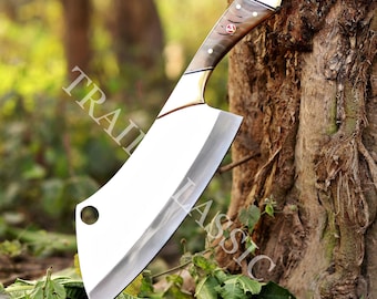 Cuchillo de carnicero de 33 cm hecho a mano, de acero al carbono, con mango de cuerno de carnero y funda de cuero.
