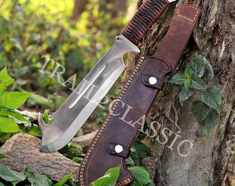 Machete Falcon hecho a mano, de acero al carbono de 40,6 cm, para caza y bushcraft, con funda de cuero.