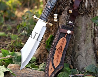 Cuchillo de caza artesanal de 15 pulgadas con hoja de acero al carbono, mango de cuerno de carnero y funda de cuero.