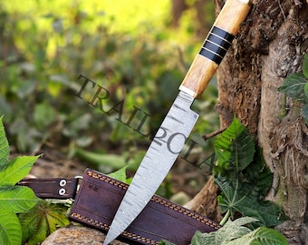 Cuchillo de chef de Damasco hecho a mano de 13 pulgadas / Mango de latón y madera con funda de cuero genuino