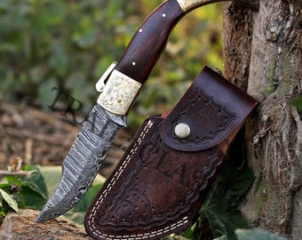 Cuchillo Vaziri plegable hecho a mano de 11 pulgadas / Hoja de acero de Damasco con funda de cuero genuino