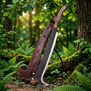 Puede incluir: Un machete grande de hoja oscura con mango de madera curvado, que presenta una punta en forma de gancho y un filo afilado. Se acompaña de una funda de cuero marrón a juego con remaches metálicos plateados y un cierre de correa.