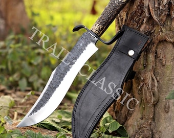 Cuchillo Bowie hecho a mano, hoja de acero al carbono de 17 pulgadas con mango de asta y funda de cuero.