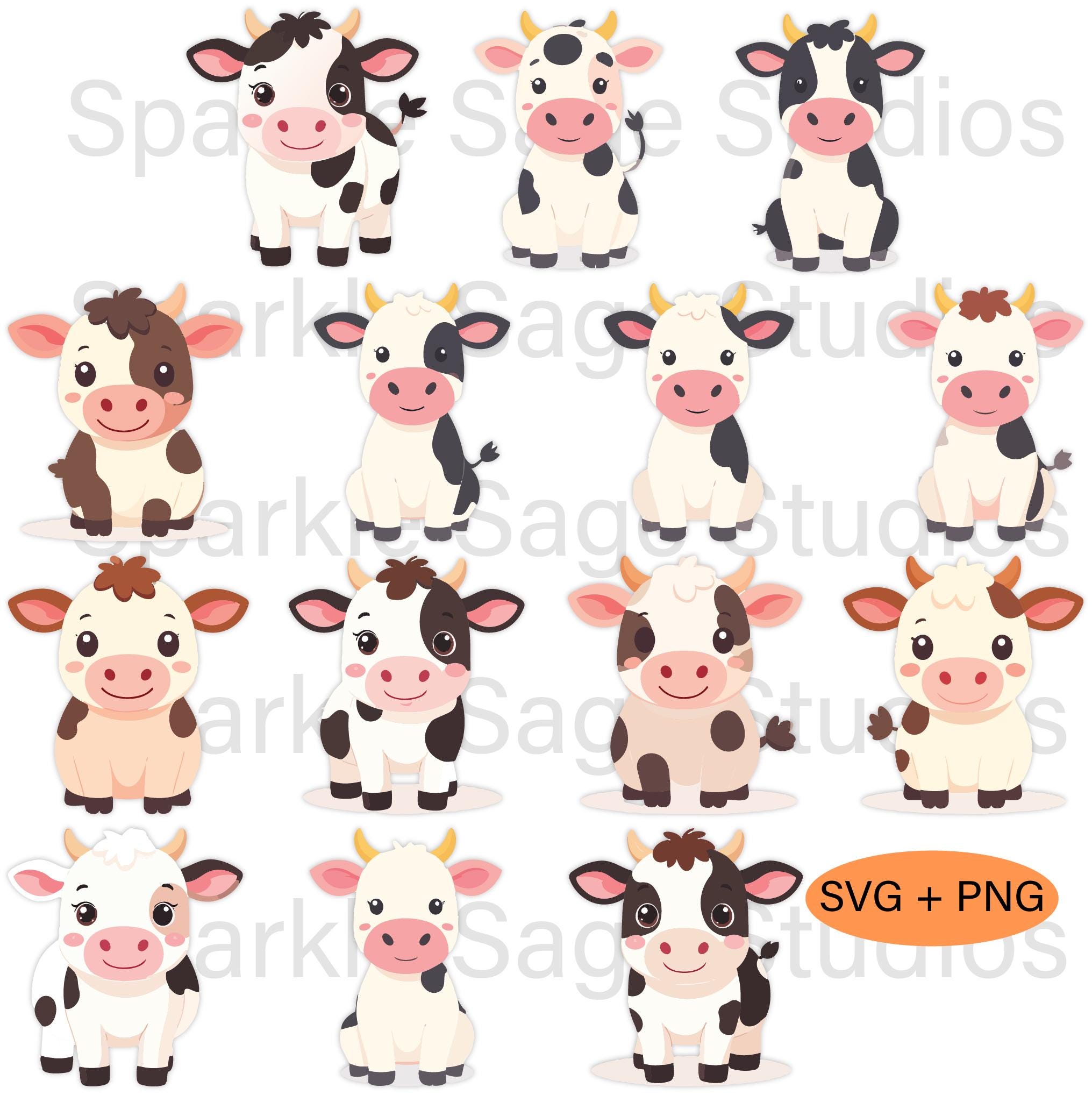 Cow Clipart Bundle | Cute Farm Animal SVG PNG Set | Kawaii Baby Cow ...